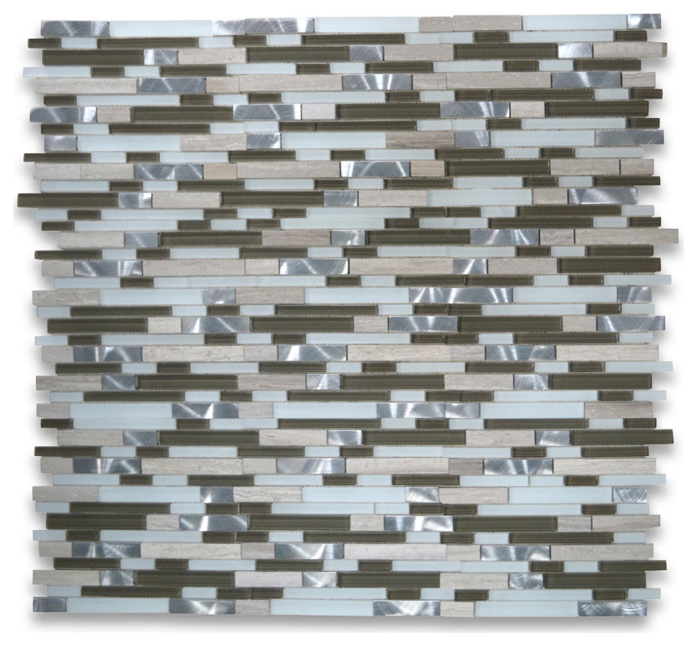 Glass Mosaic Tile Ash Brown White Grey Wood Grain Marble Aluminum, 1 sheet