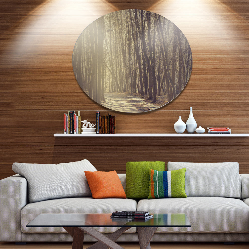 Path In The Foggy Fall Forest, Modern Forest Round Metal Wall Art, 36"