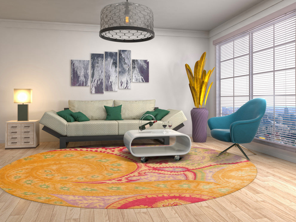 Hand-Tufted Wool Orange Transitional Floral Paisley Rug, 4' Round