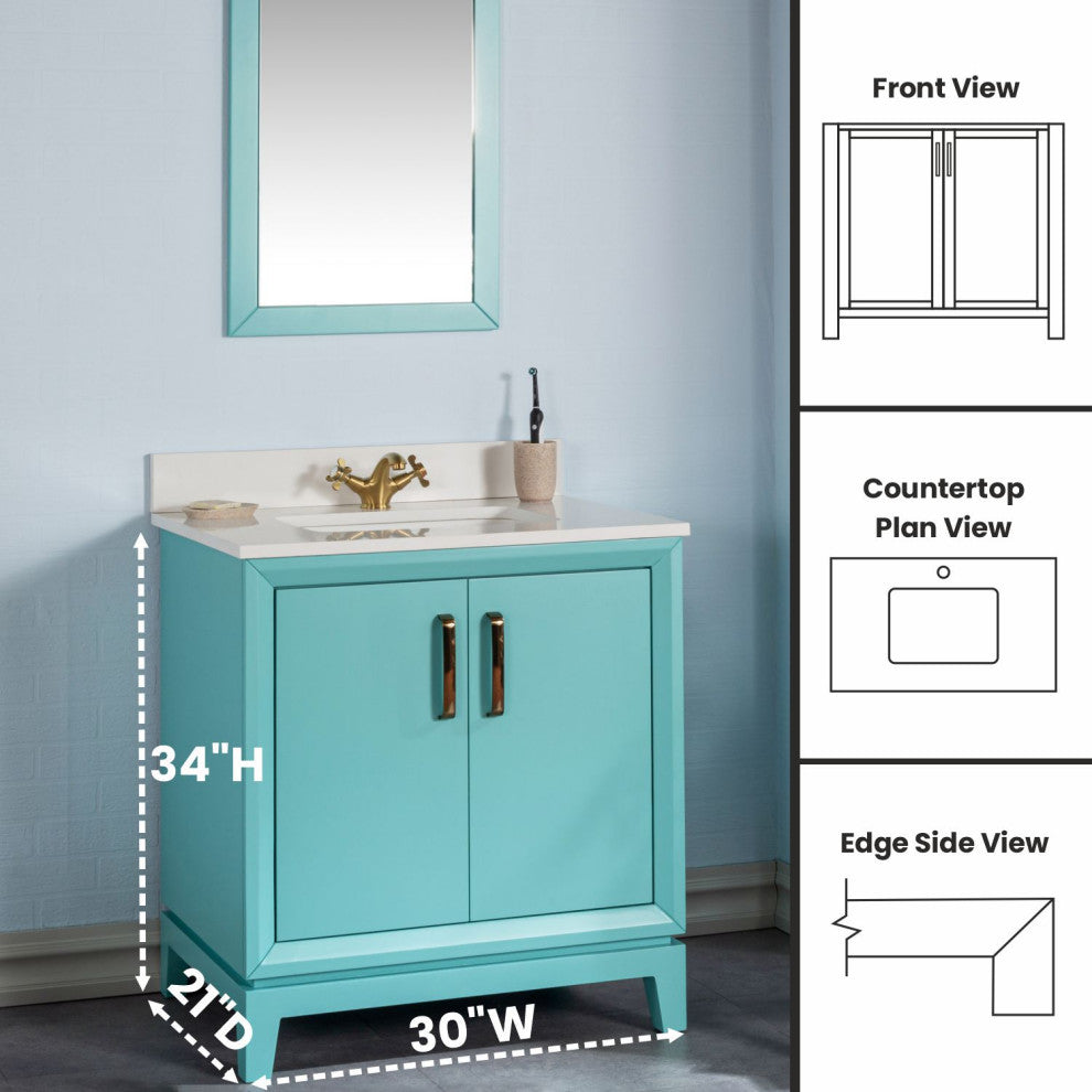 Fabia Collection 30" Bathroom Vanity With Sink, Mirror, Countertop, Turquoise