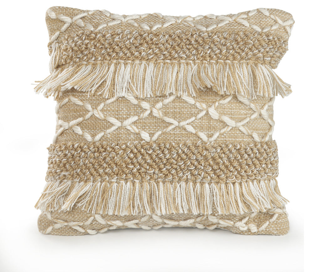 Neutral Fringe Geometric Throw Pillow