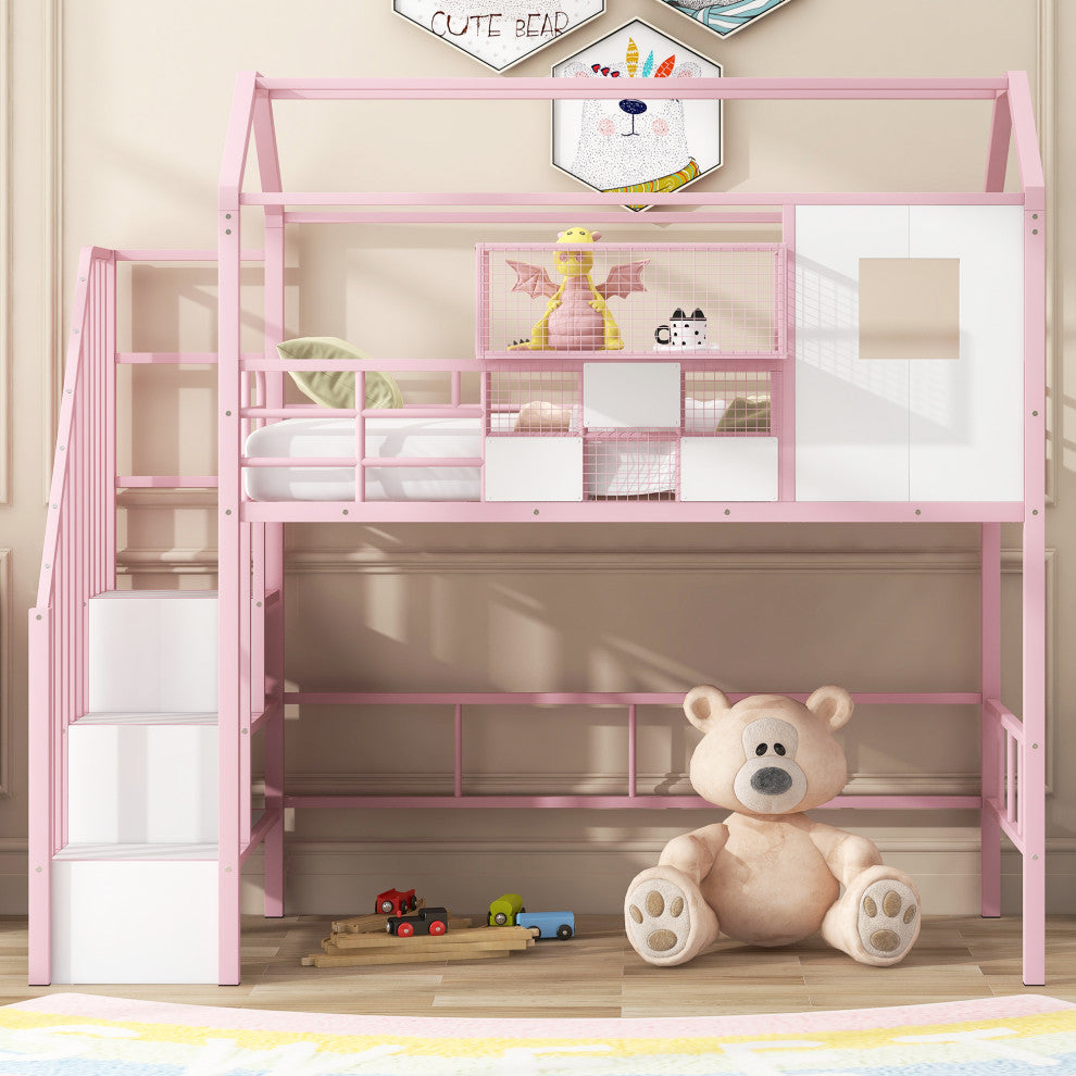 Gewnee Metal Loft Bed with roof design and a storage box, Twin, Pink