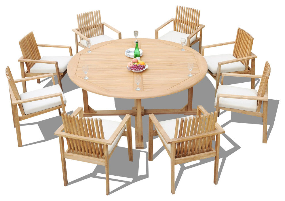 9-Piece Outdoor Teak Dining Set: 72" Round Table, 8 Clip Stacking Arm Chairs
