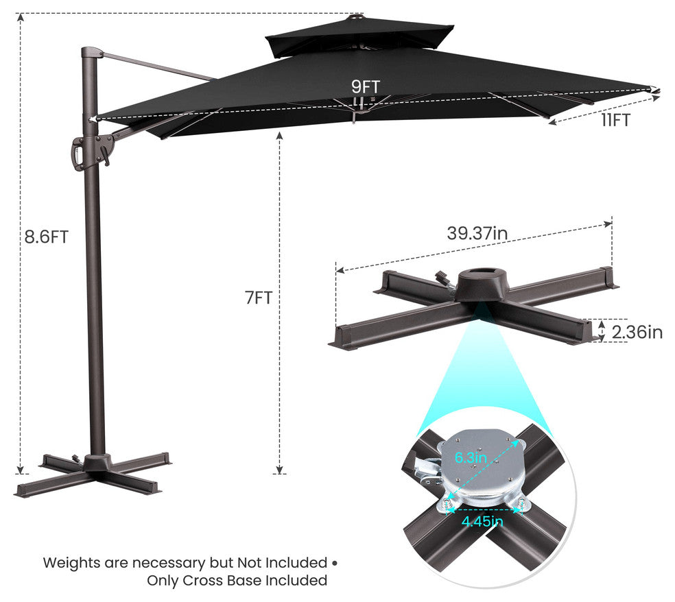 11' Black Polyester Round Tilt Cantilever Patio Umbrella With Stand
