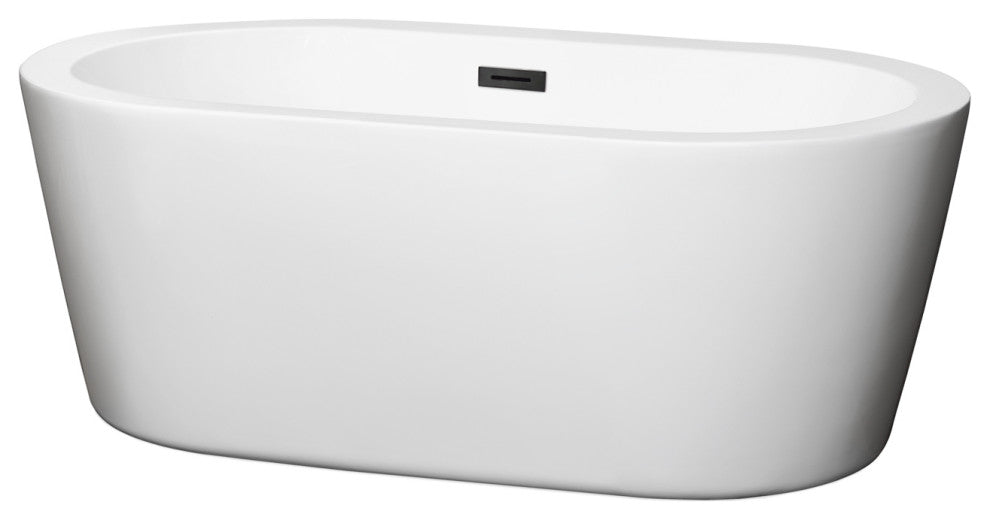 60" Freestanding Bathtub, White, Matte Black Drain and Overflow Trim