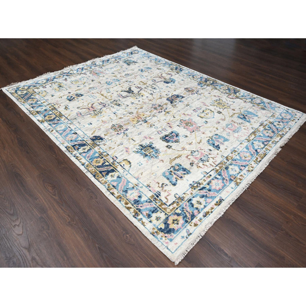 Ivory Hand Knotted Wool Natural Dyes Mahal Design Oriental Rug, 7'10"x9'10"