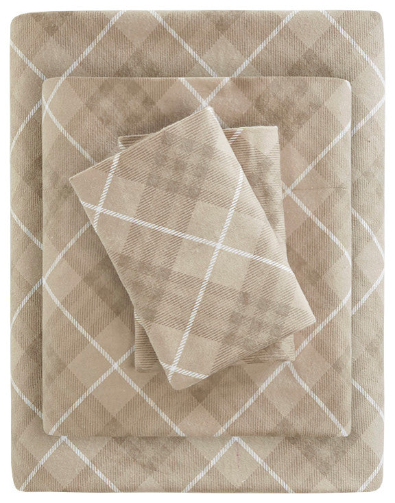 True North by Sleep Philosophy Cozy Flannel Printed Sheet Set, Tan Plaid