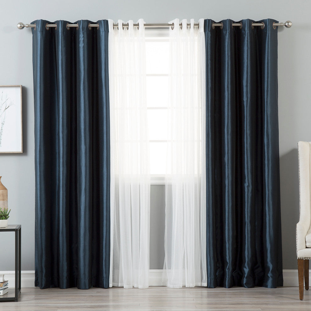 Tulle Lace and Faux Silk Blackout Mix and Match, 4-Piece Set, Navy