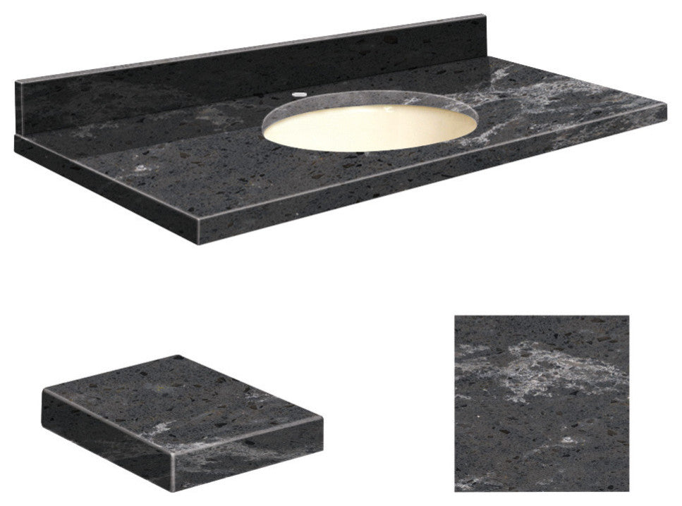 Quartz 37"x22" Vanity Top, Single Faucet Hole, Milky Way, Biscuit Bowl