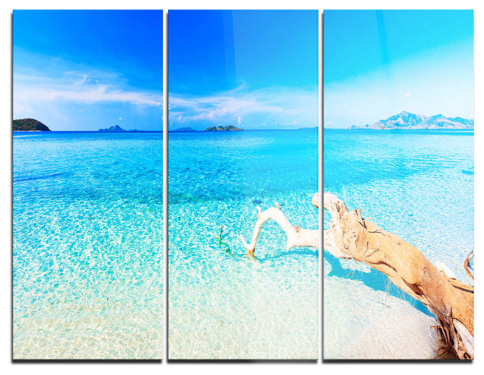 "Blue Tropical Beach Panorama" Photo Metal Wall Art, 3 Panels, 36"x28"