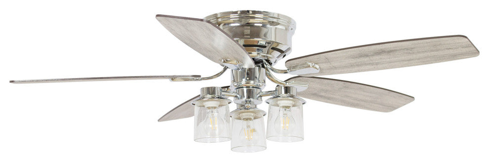 52 in Modern Flush Mounted Ceiling Fan in Chrome with Remote Control, 5 Blades