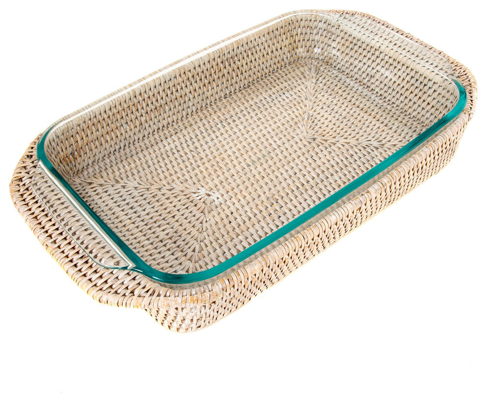 Artifacts Rattan™ Rectangular Baker Basket with Pyrex, White Wash, 13"x9"
