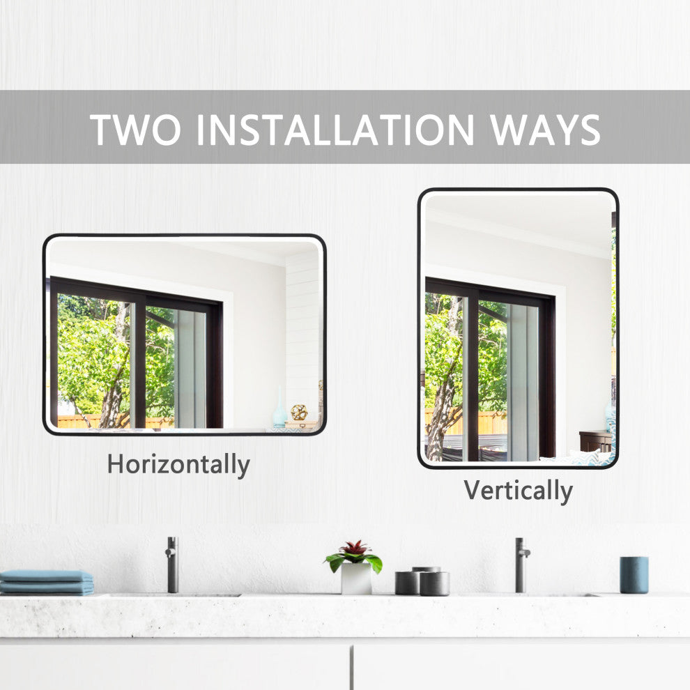 Metal Frame Beveled Glass Bathroom Wall Mirror With Round Corner, 32"x24"