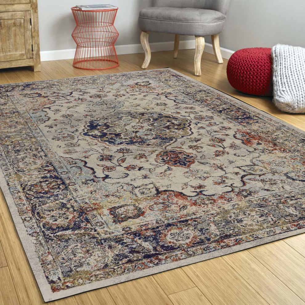 HomeRoots 8'x11' Ivory Machine Woven Floral Medallion Indoor Area Rug