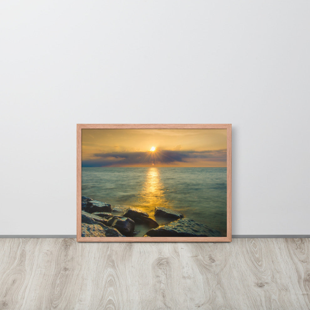 Sun Ray on the Water Coastal Landscape Framed Photo Paper Wall Art Print, Red Oak, 18" X 24"