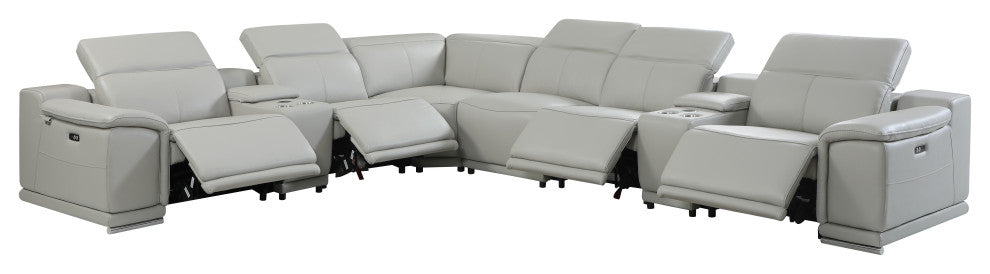 Federico 8-Piece L-Shaped Top Grain Italian Leather Sectional-4 Power Recliners, Light Gray