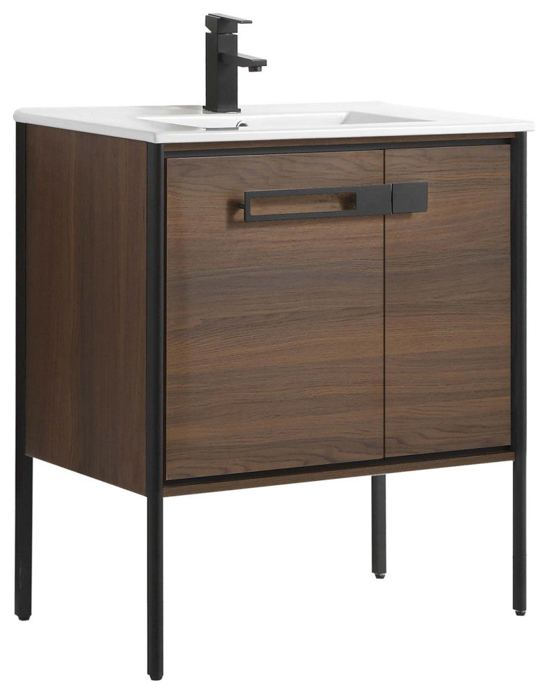 Oakville Bath Vanity, Ceramic Sink, Walnut Ebony, 30 Inch, Black Hardware
