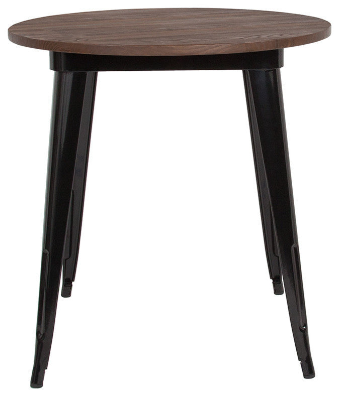 26" Round Metal Indoor Table With Walnut Rustic Wood Top, Black