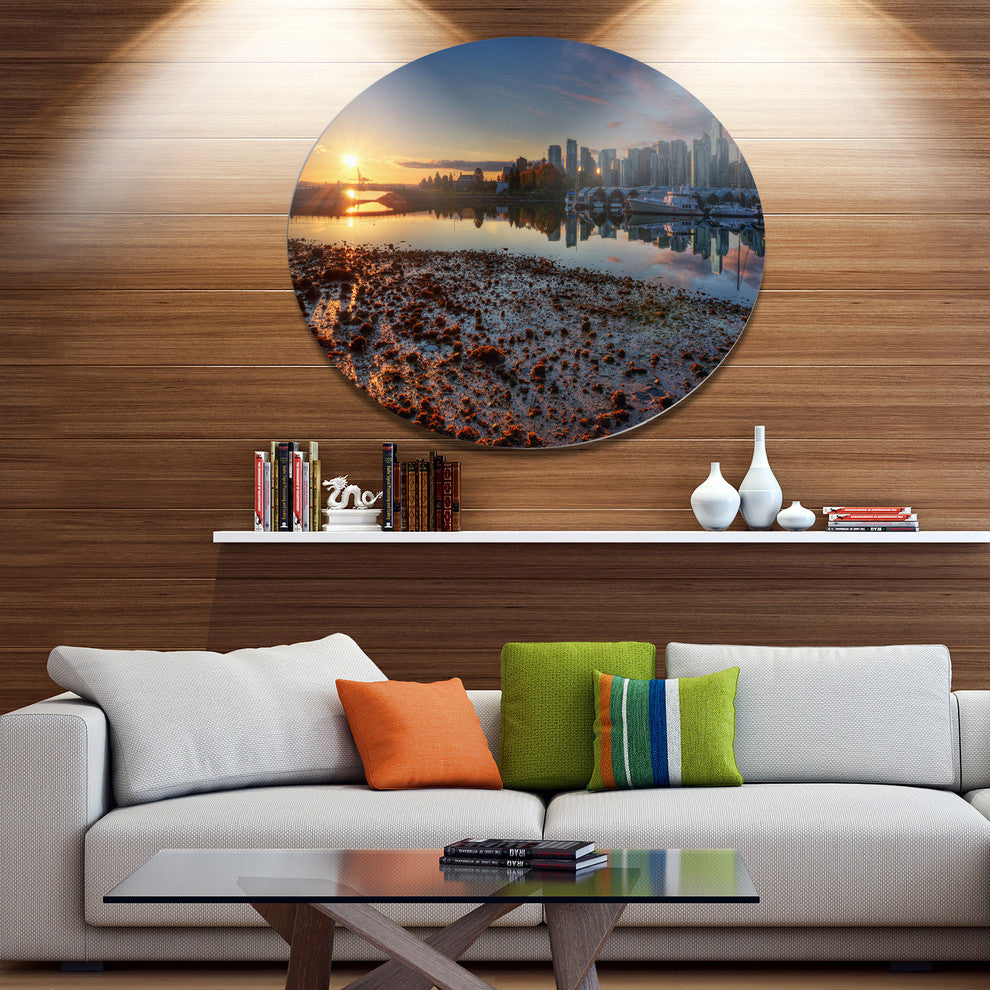 Vancouver Downtown In Morning, Landscape Art Disc Metal Artwork, 11"