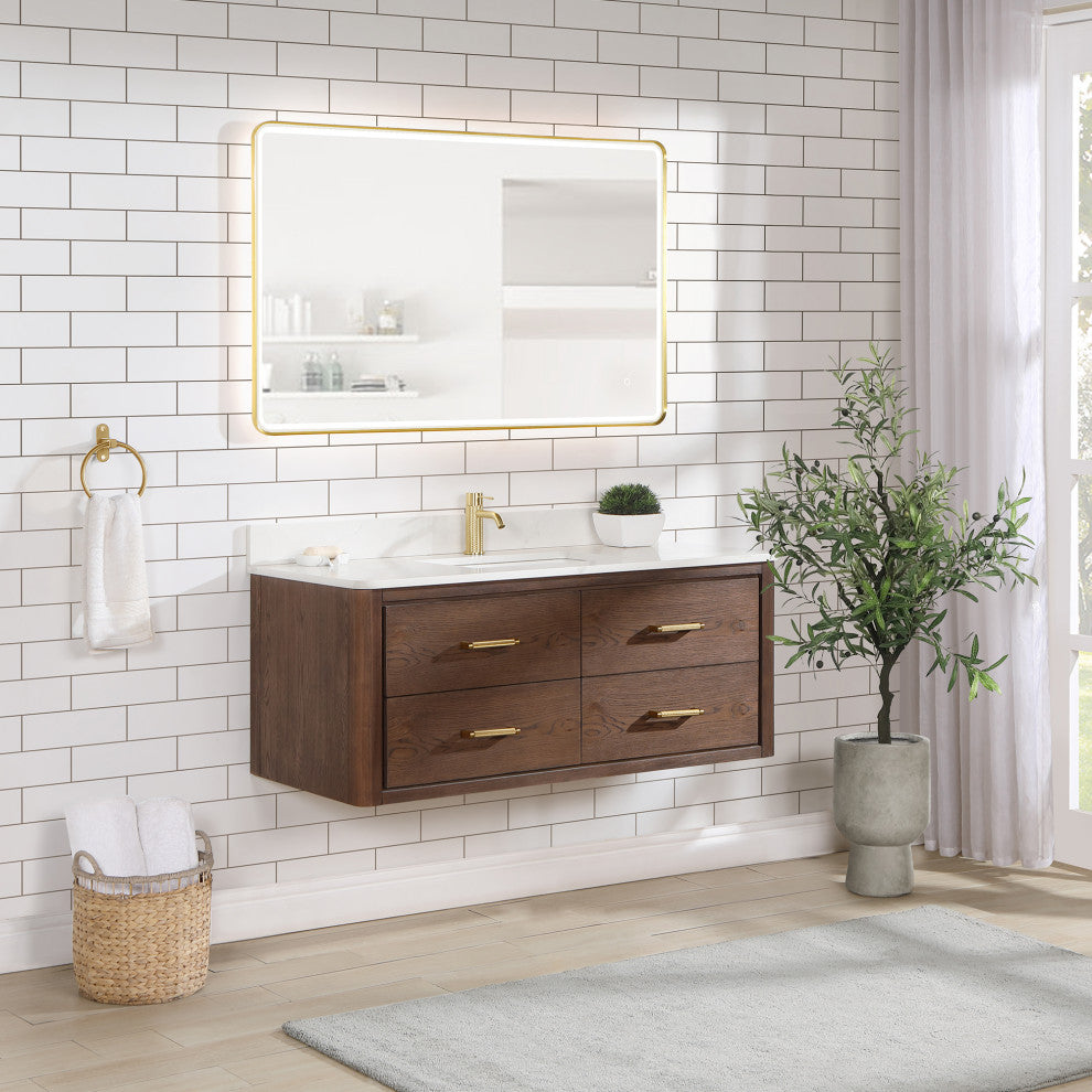Cristo Floating Bath Vanity With Stone Top, Aged Dark Brown Oak, 48in., No Mirror