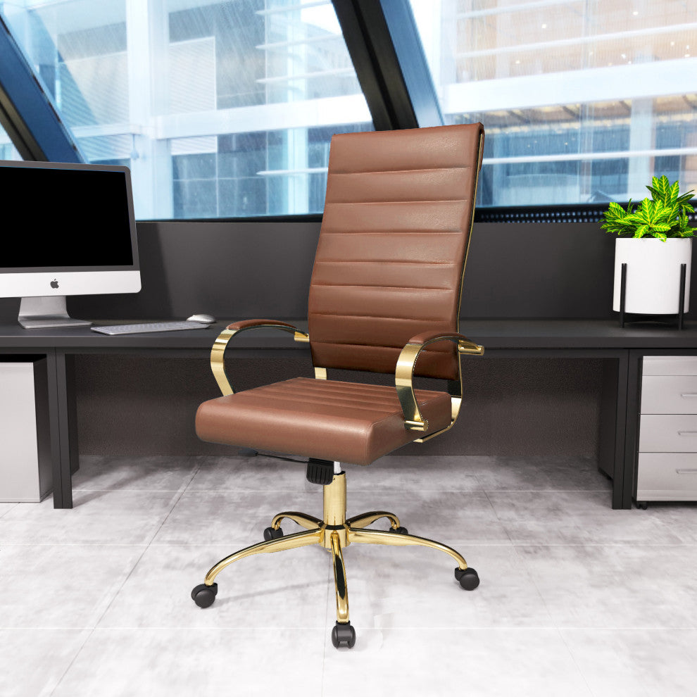 LeisureMod Benmar High-Back Leather Office Chair With Gold Frame