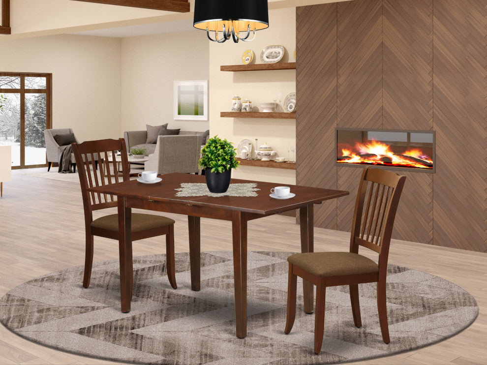 3Pc Dinette Set, Table, Two Vertical Slatted Linen Seat Dining Chairs, Mahogany
