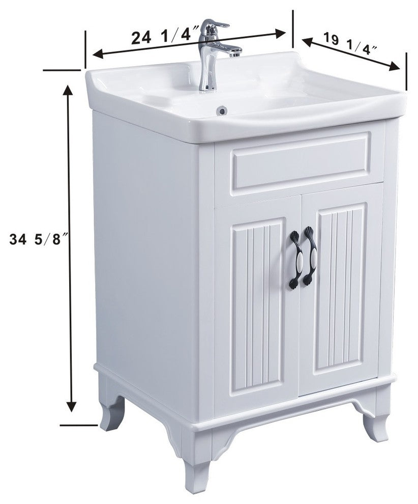 White Wooden Cabinet Vanity Sink 24.25" W with Overflow, Drain and Hardware