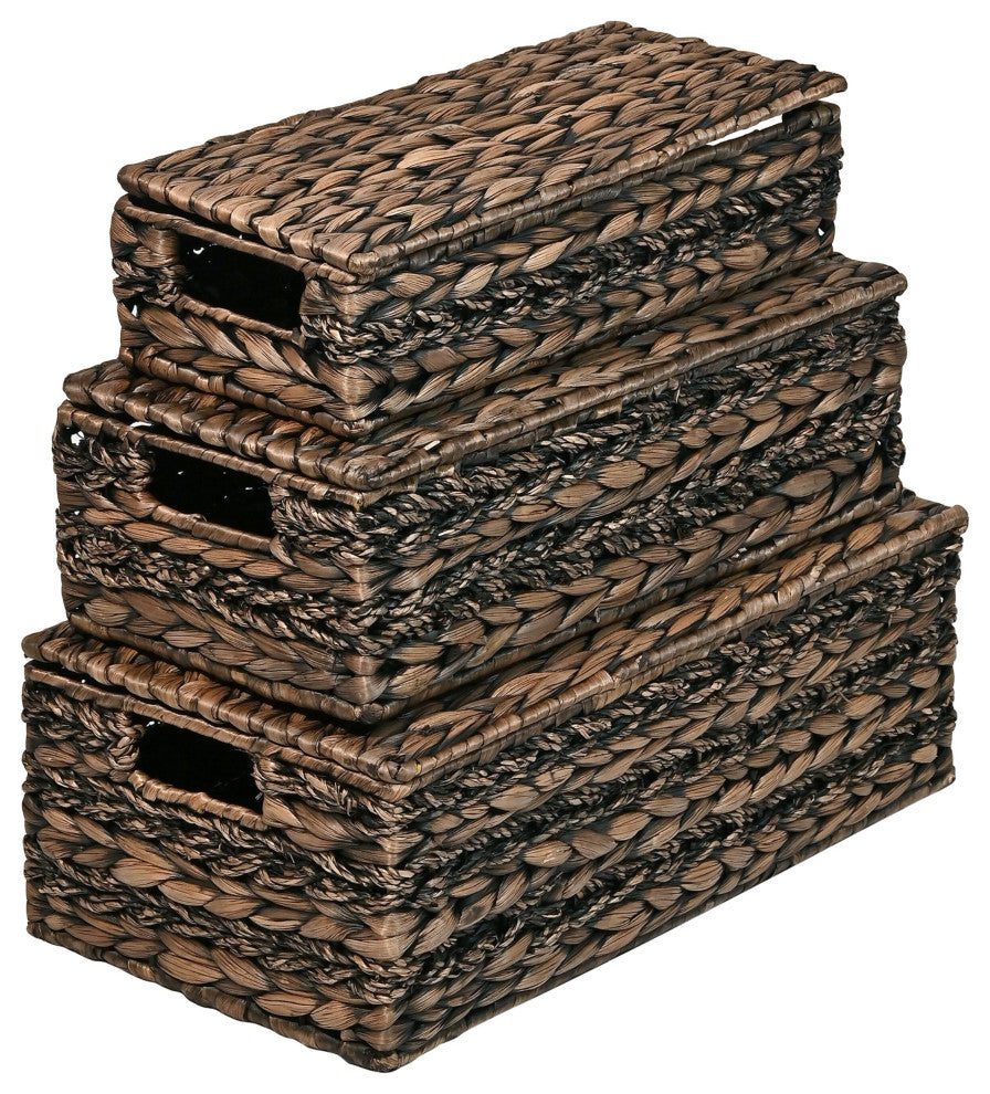 Sandrine Classic Handwoven Hyacinth Storage Baskets With HandleS, Lids, Set 3