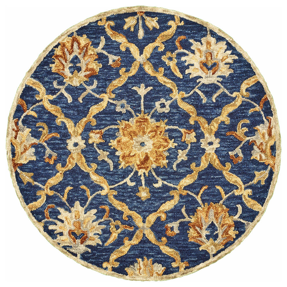 6" Round Navy and Gold Ornate Lattice Area Rug