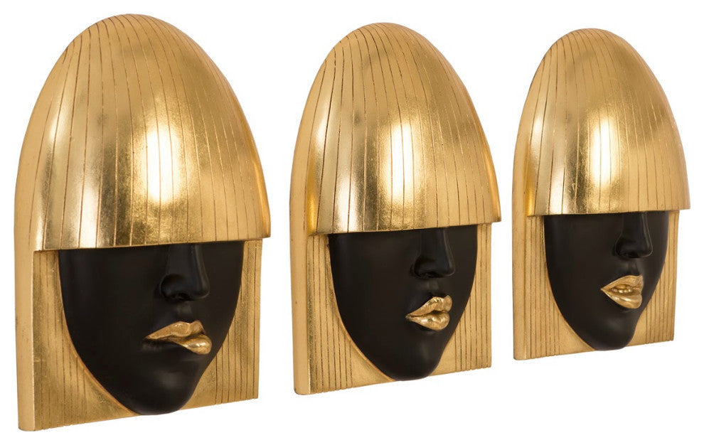 Fashion Faces Wall Tiles, 3-Piece Set, Gold Leaf