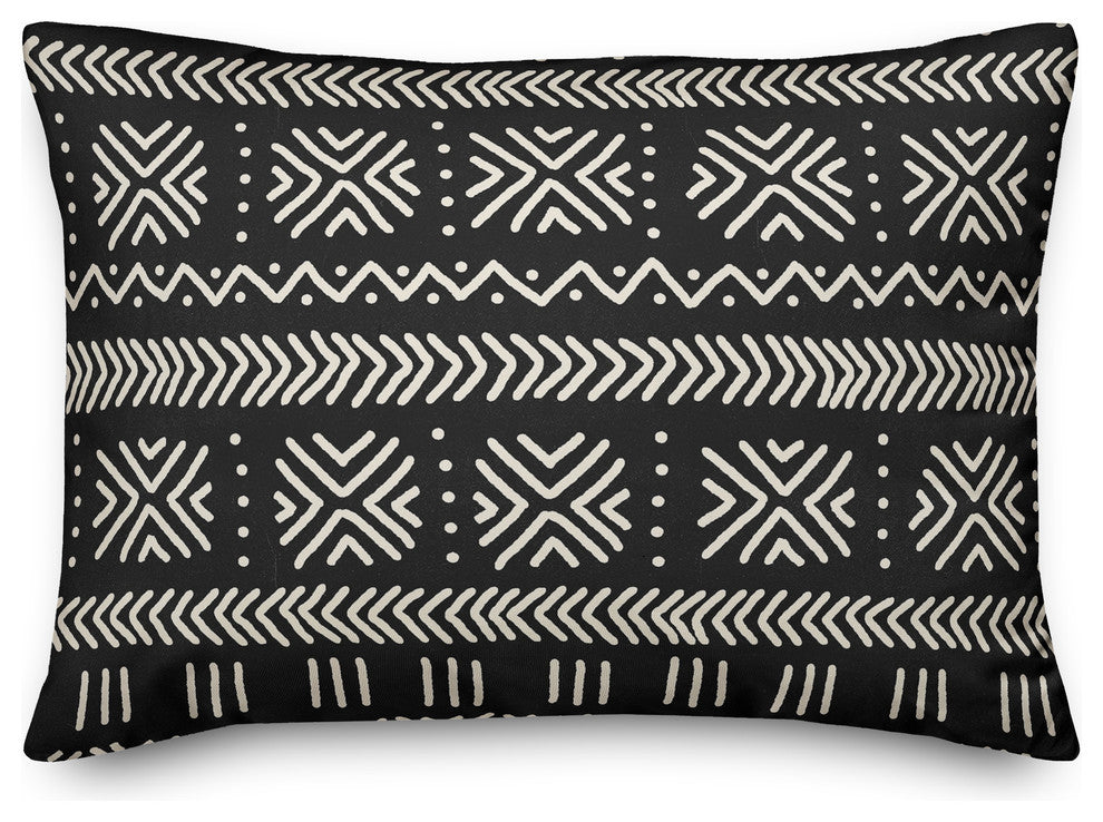 Black Mudcloth Pattern 14x20 Outdoor Throw Pillow