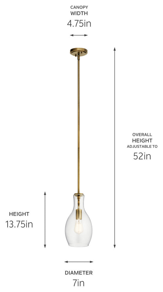 Kichler Everly 1 Light Mini Pendant, Natural Brass, Clear