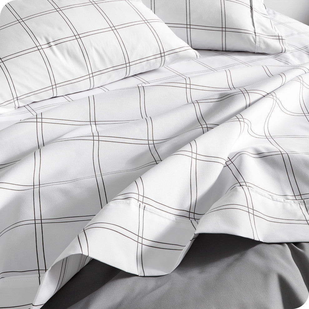 1800 Microfiber Sheet Set, Windowpane White/Mushroom, Split King