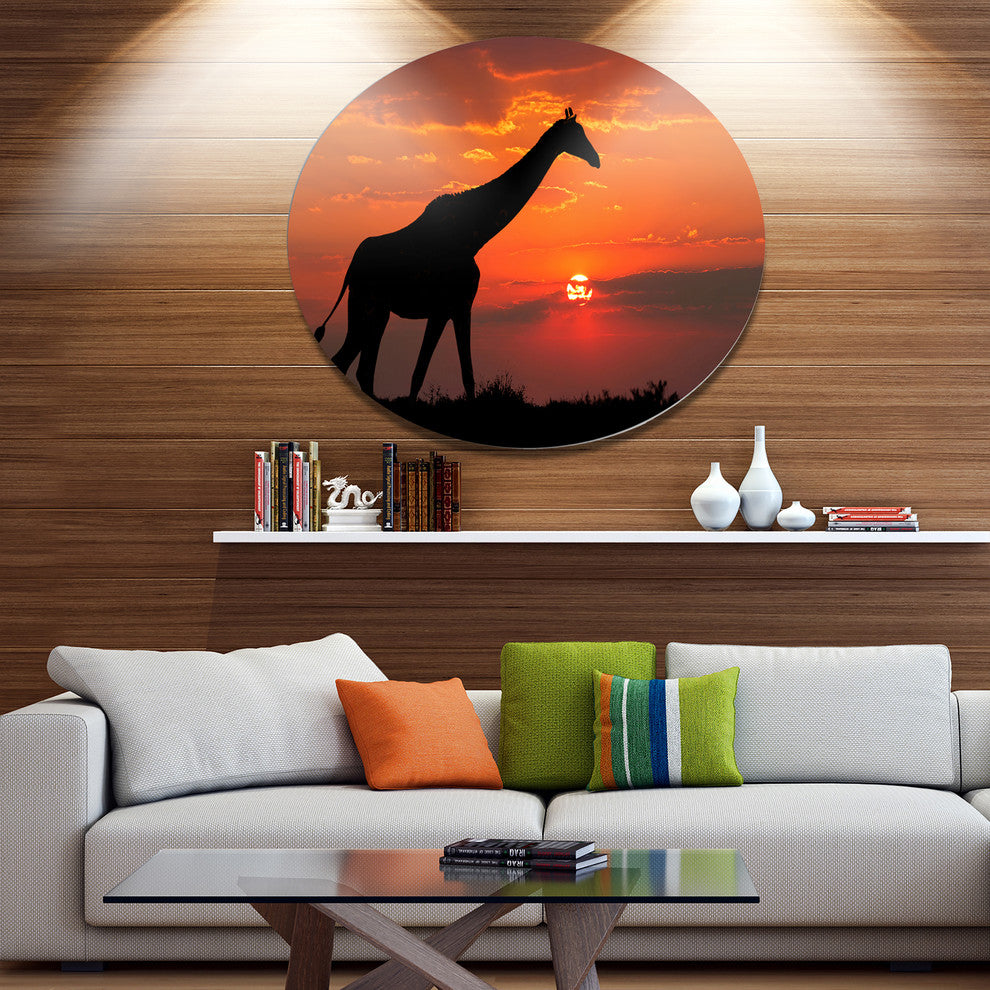 Giraffe Silhouette At Sunset, African Large Disc Metal Wall Art, 38"