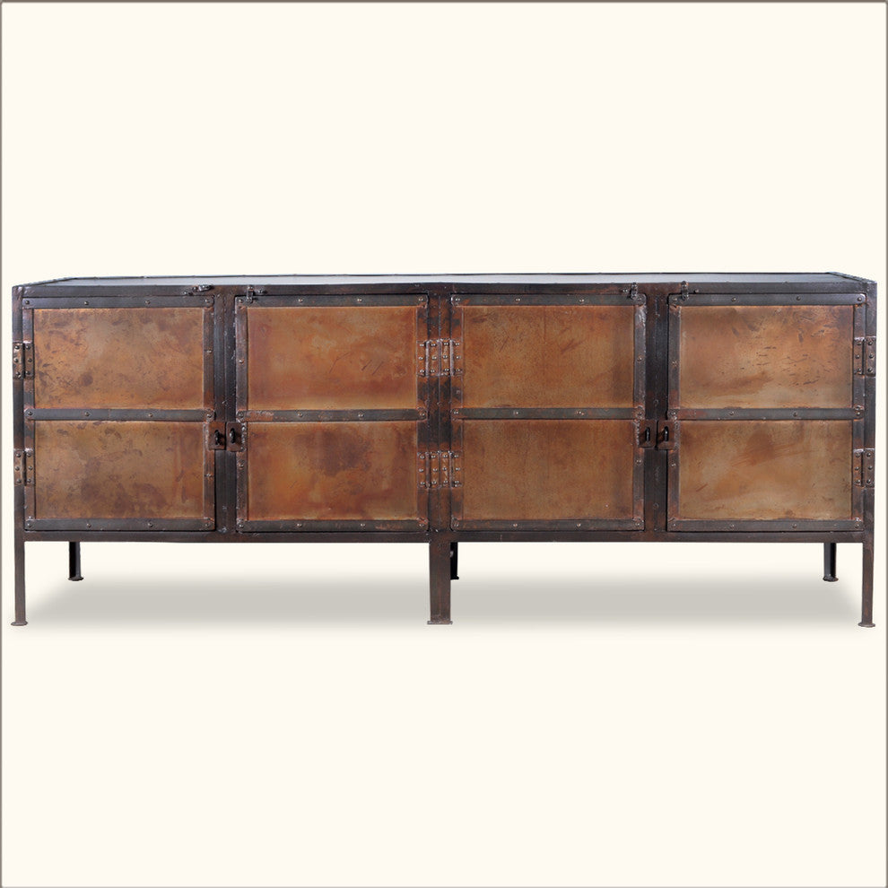 Industrial Black and Brown Iron 4 Door Large Sideboard Cabinet