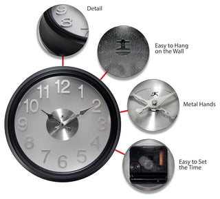 Onyx Black/Silver Modern Wall Clock 15"