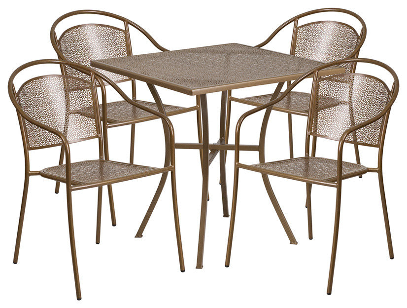28'' Square Gold Indoor-Outdoor Steel Patio Table Set With 4 Round Back Chairs