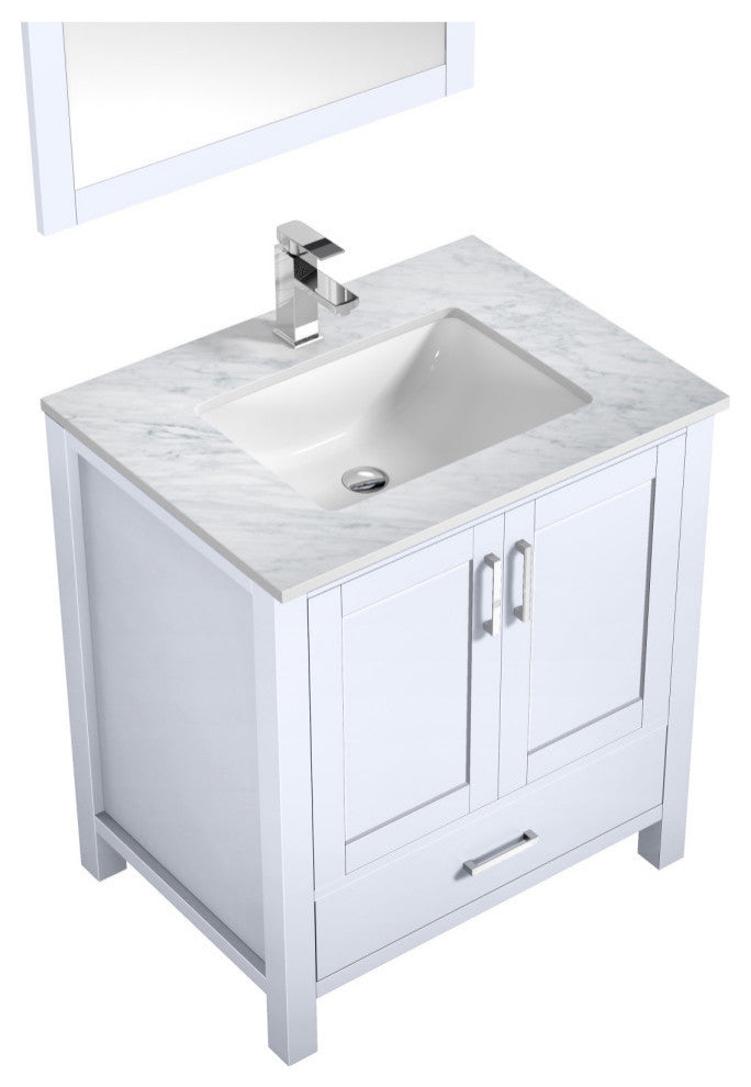 Jacques 30" Single Vanity, Carrara Marble Top, Square Sink&28" Mirror W/ Faucet