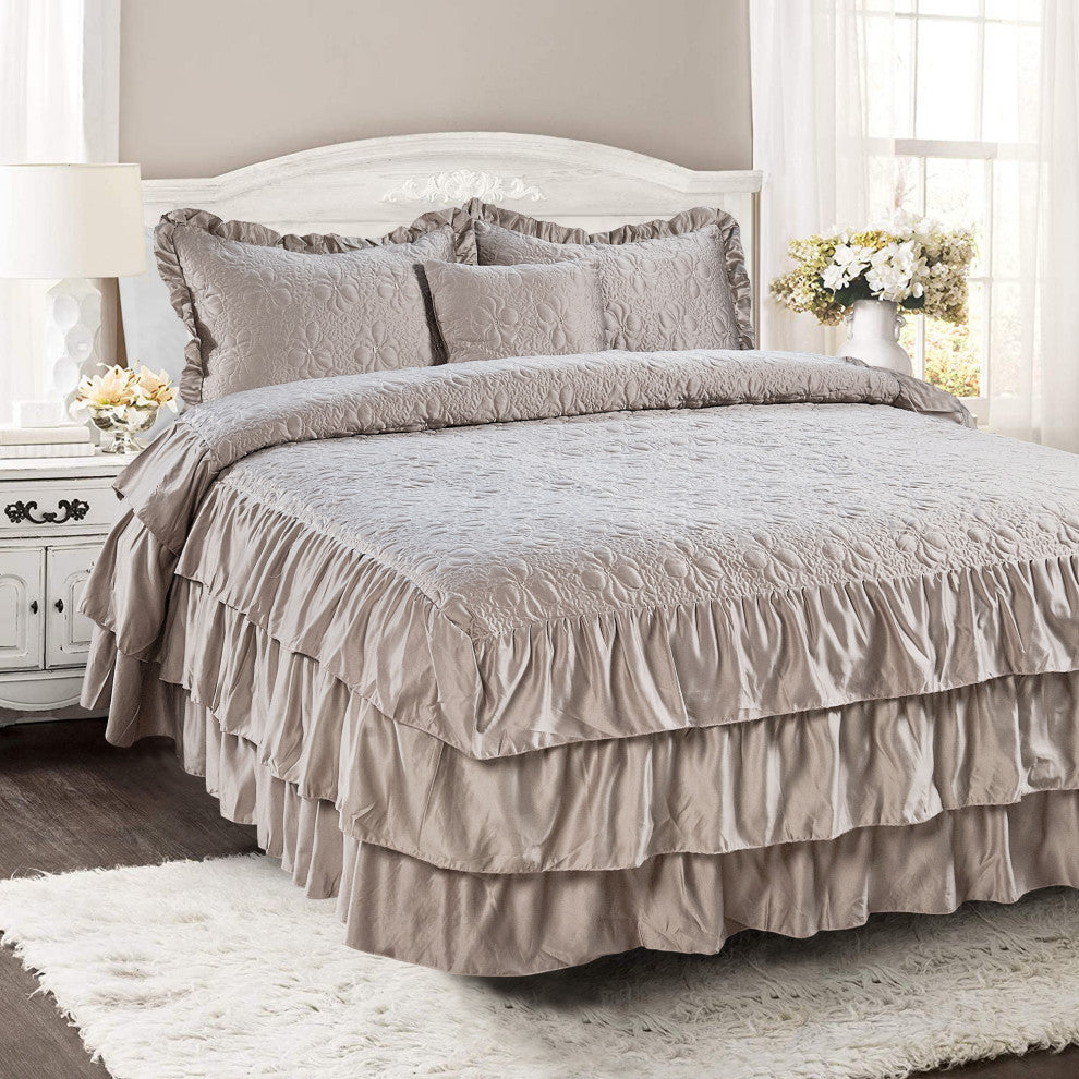 Matte Satin Ruffle 4 Piece Bed Spread Set, Taupe, King