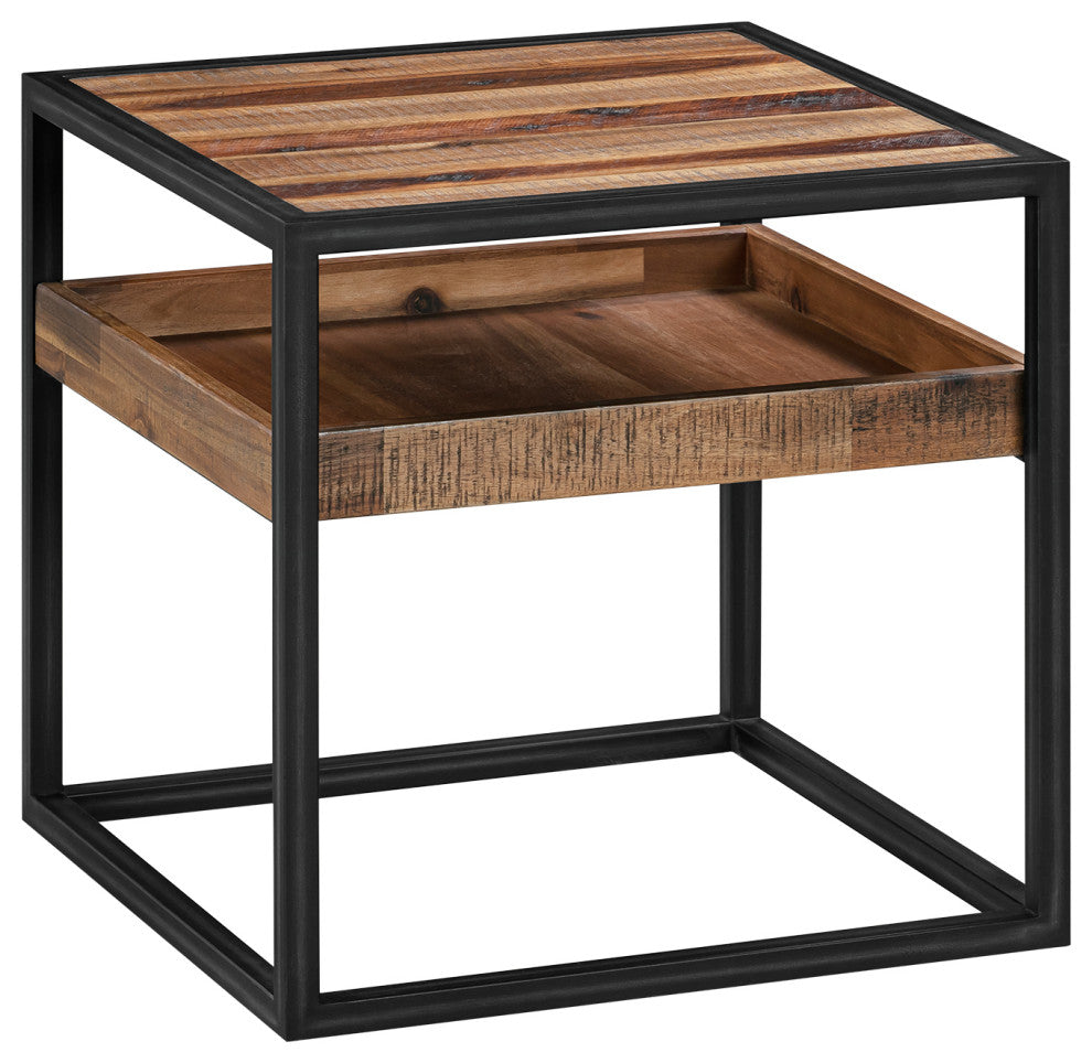 Ludgate Square End Table With Shelf, Acacia And Black Metal