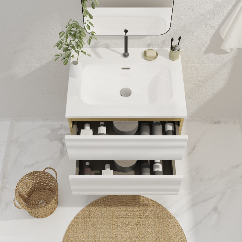 Wall-Mounted Bathroom Vanity Set with Integrated Ceramic Sink, White, 24"