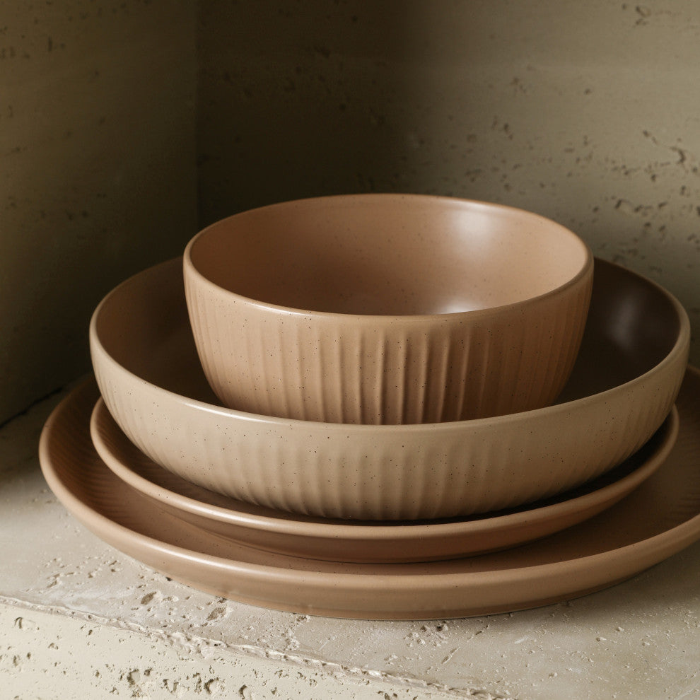 Stone Lain Logan Stoneware 16 Piece Dinnerware Set With Pasta Bowls, Beige