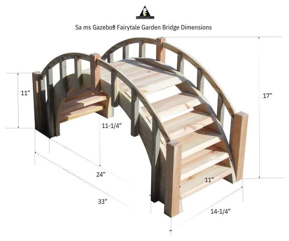 SamsGazebos Fairy Tale Wood Garden Bridge With Picket Railings, Unfinished