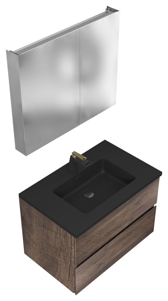 ConceptBaths Edith Wall Mount Bathroom Vanity With Black Top, Rose Wood, 30"