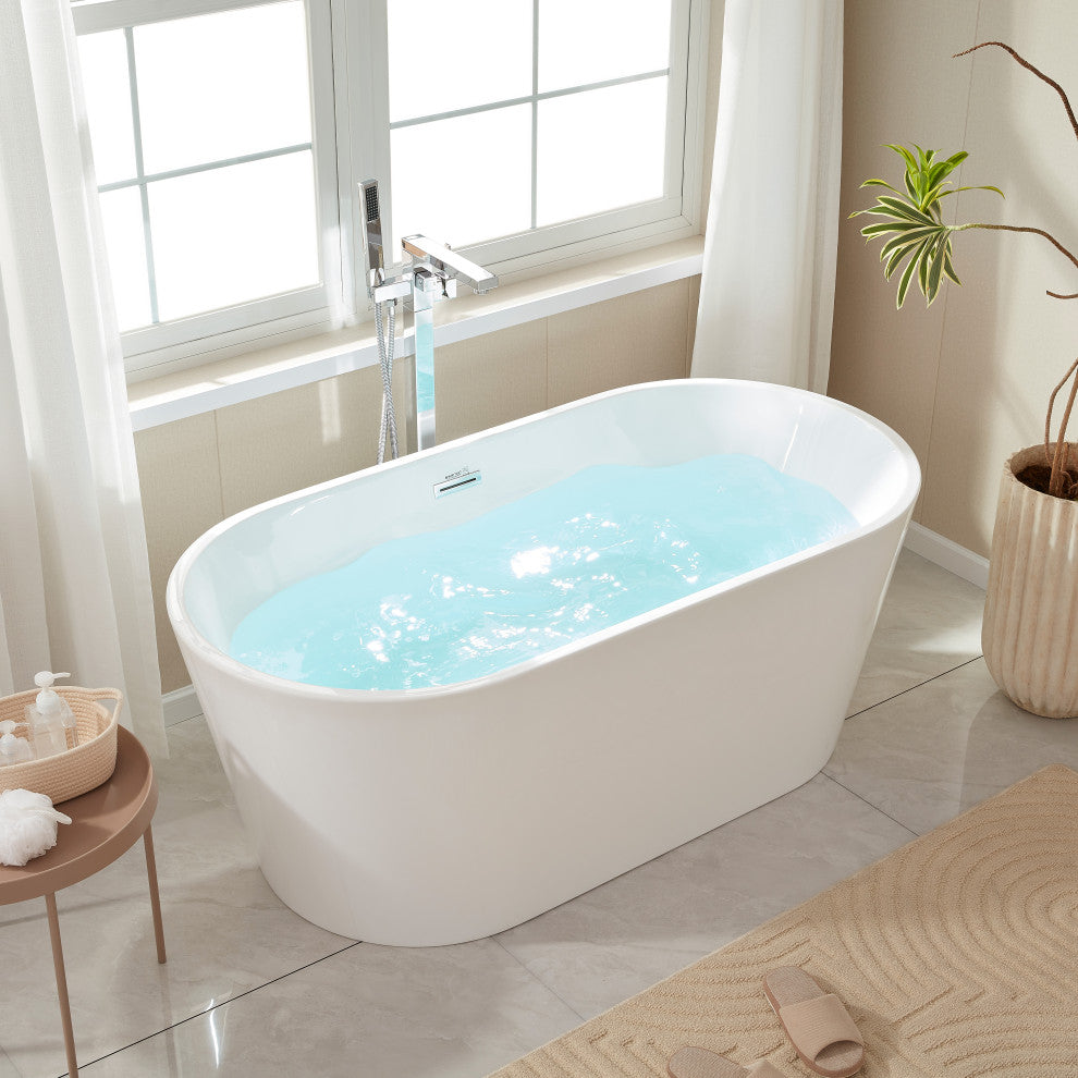 Freestanding Acrylic Bathtub, White/Polished Chrome, 54"