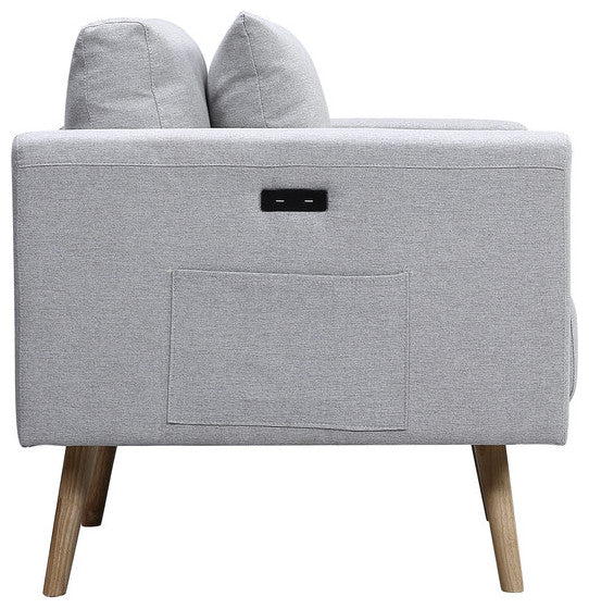 Easton Light Gray Linen Sofa Loveseat Chair, USB Charging Ports Pockets, Pillows