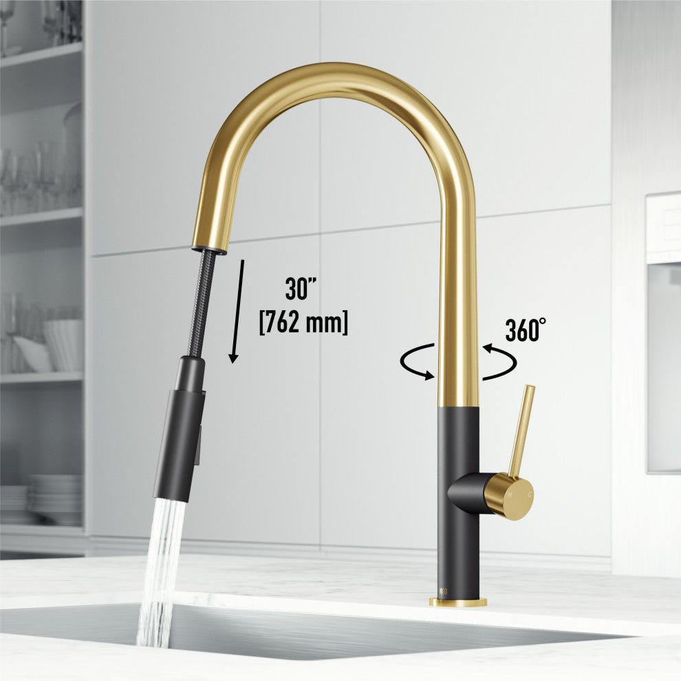 VIGO Greenwich 18" H Single Handle Pull-Down Sprayer Kitchen Faucet, Matte Brushed Gold/Matte Black, No Sensor, Without Extras