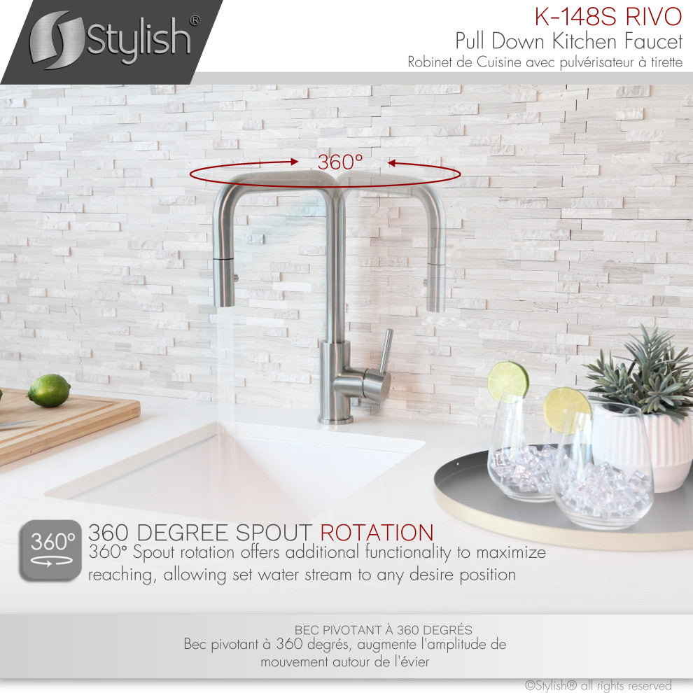 STYLISH Single Handle Pull-Down Dual Mode Kitchen Faucet Stainless Steel Brushed
