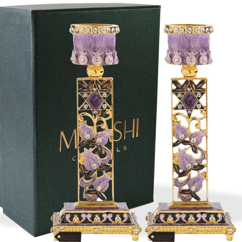 Matashi Shabbat Candlestick Holder (2-Piece) Hand-Painted,  Pewter (Purple)