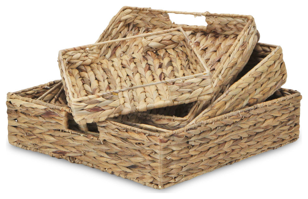 4-Piece Water Hyacinth Square Tray With Metal Frame